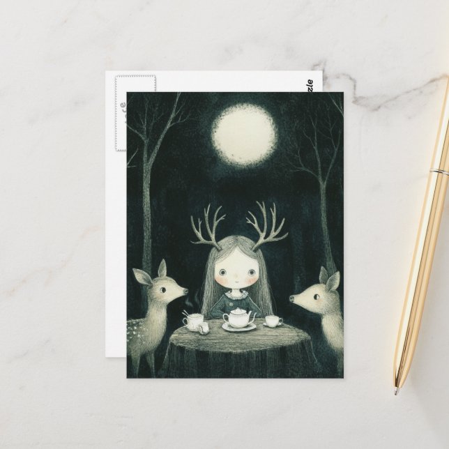 Carte Postale Pique-nique avec cerfs (Devant/Arrière en situation)