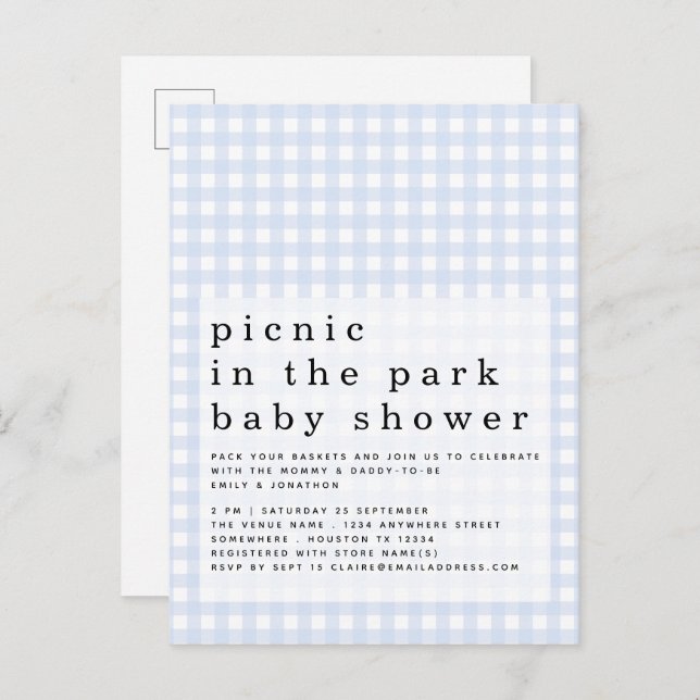 Carte Postale Pique-Nique Dans Le Parc Baby shower Bleu En vichy (Devant / Derrière)