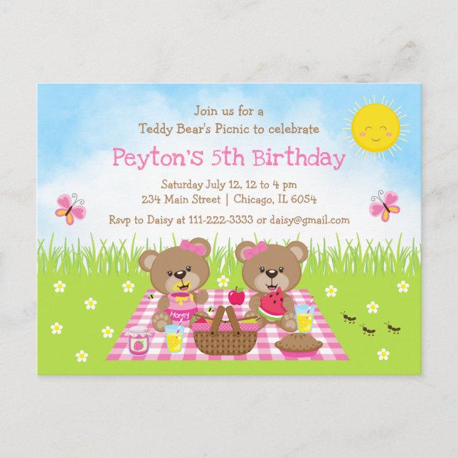 Carte Postale Pique-nique d'ours en peluche Anniversaire Gingham (Devant)