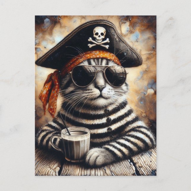 Carte Postale Pirate cat avec un café (Devant)