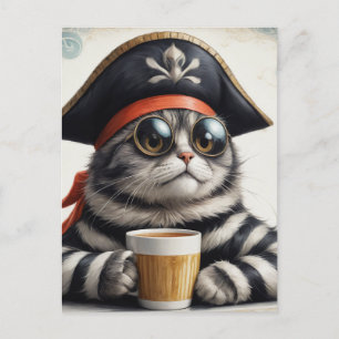 Carte Postale Pirate cat avec un café
