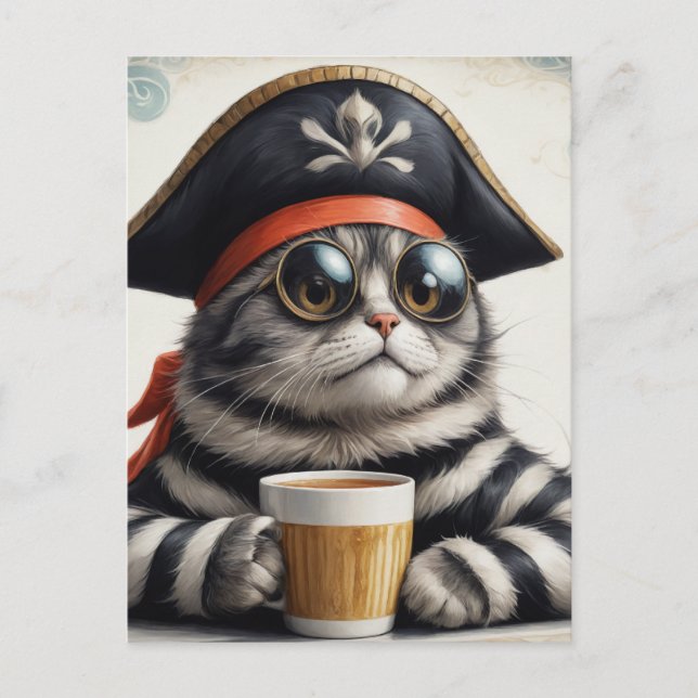 Carte Postale Pirate cat avec un café (Devant)