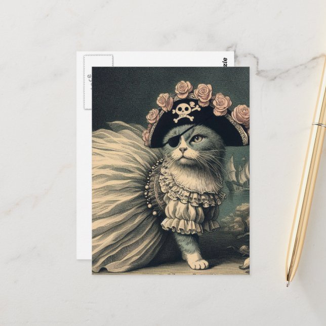 Carte Postale Pirate Chat Adorable (Devant/Arrière en situation)