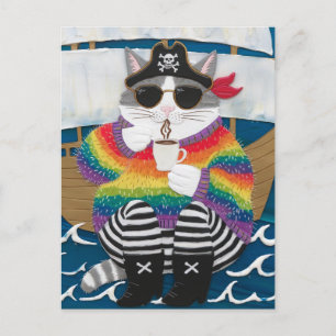 Carte Postale Pirate chat arc-en-ciel pull fuzzé avec un café