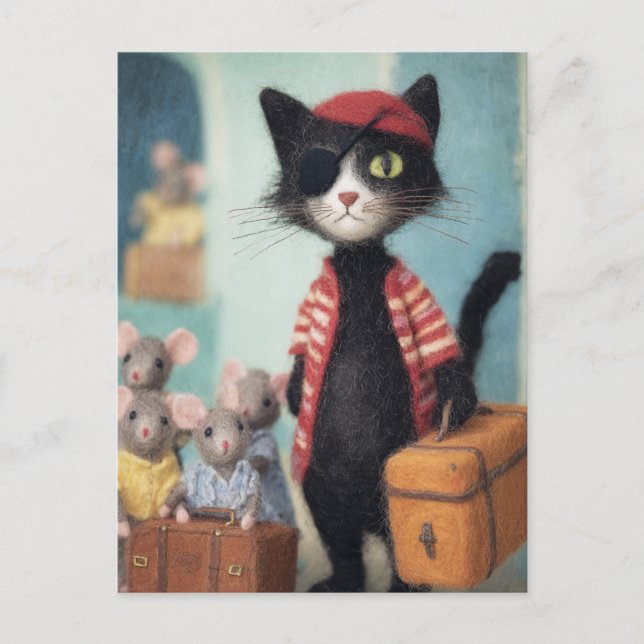 Carte Postale Pirate de chat noir et souris (Devant)