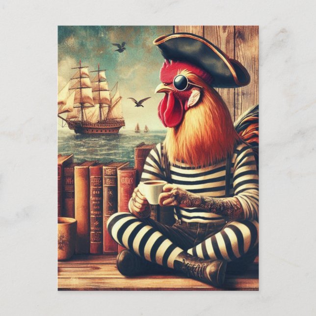Carte Postale Pirate de coq avec café (Devant)