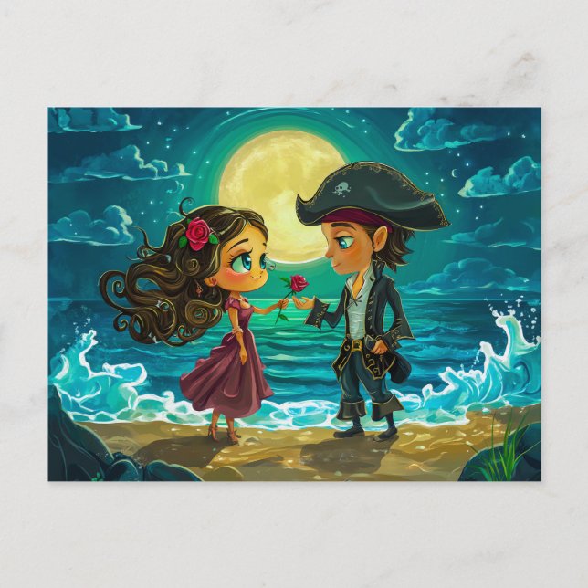 Carte Postale Pirate épouse sa fiancée sur la plage (Devant)