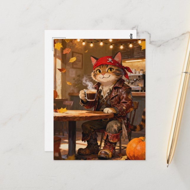 Carte Postale Pirate félin au café d'automne (Devant/Arrière en situation)
