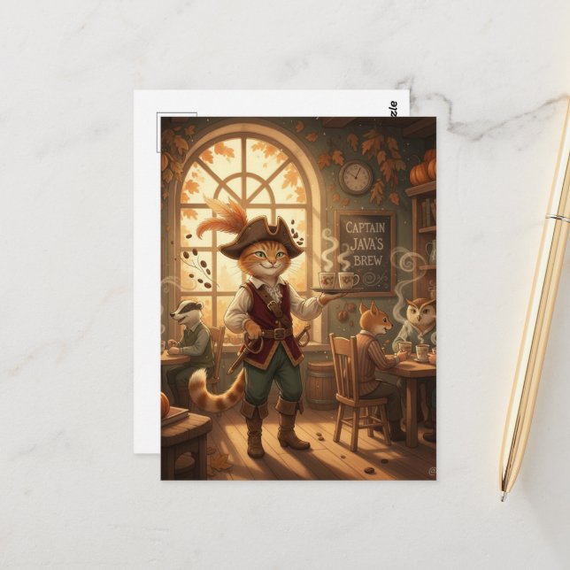 Carte Postale Pirate Félin Sert du Café  (Devant/Arrière en situation)