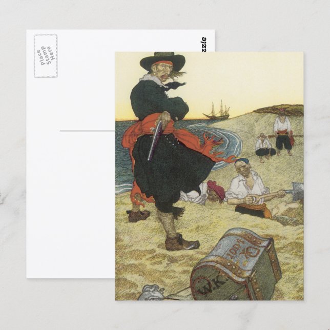 Carte Postale Pirates de légende, William Kidd enterrant un trés (Devant / Derrière)