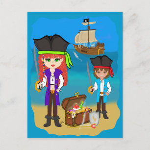 Carte Postale Pirates filles et garçons avec navire sur la plage
