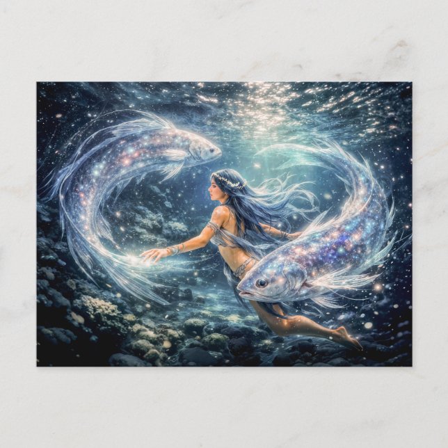 Carte Postale Pisces Zodiac with Woman Surrounded by Two Glowing (Devant)
