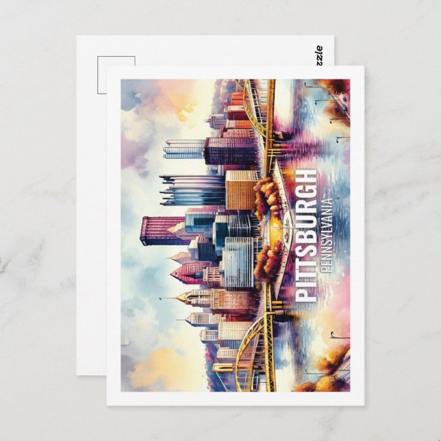 Carte Postale Pittsburgh Pennsylvanie Fameux Voyage aquarelle (Devant / Derrière)