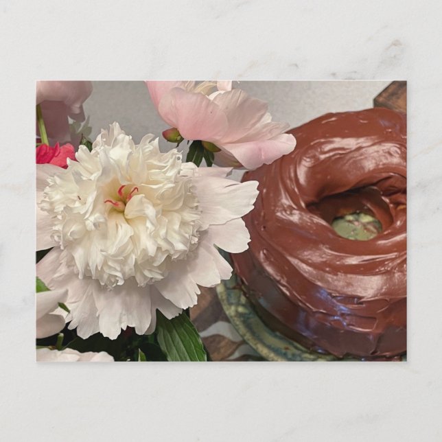 Carte Postale Pivoine avec gâteau au chocolat (Devant)