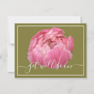 Carte Postale Pivoine rose avec gouttes de rosée sur fond vert p