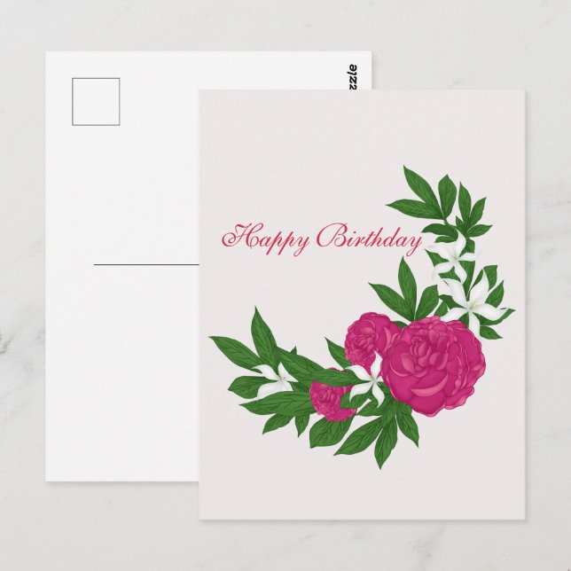 Carte Postale Pivoines roses et fleurs blanches pour anniversair (Devant / Derrière)