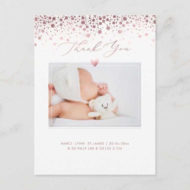 Carte Postale PixDezines Baby shower Merci/Rose Gold Confett (Devant)