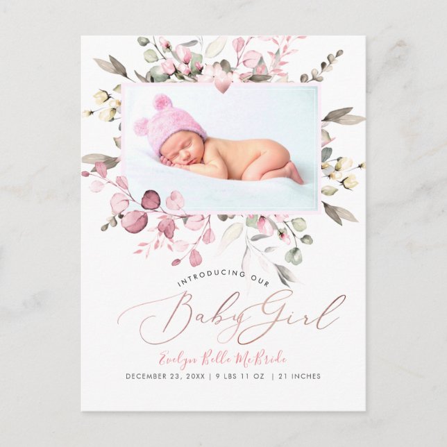 Carte Postale PixDezines Blush Watercolor flowers Girl Birth Pos (Devant)