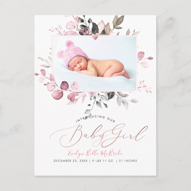 Carte Postale PixDezines Blush Watercolor flowers Girl Birth Pos (Devant)