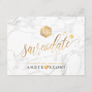 Carte Postale PixDezines Faux Gold/Monogram/Marble/Save our Date