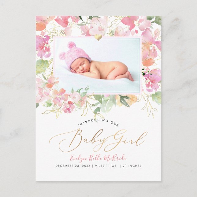 Carte Postale PixDezines Fleurs d'aquarelle bleu Fille Naissance (Devant)