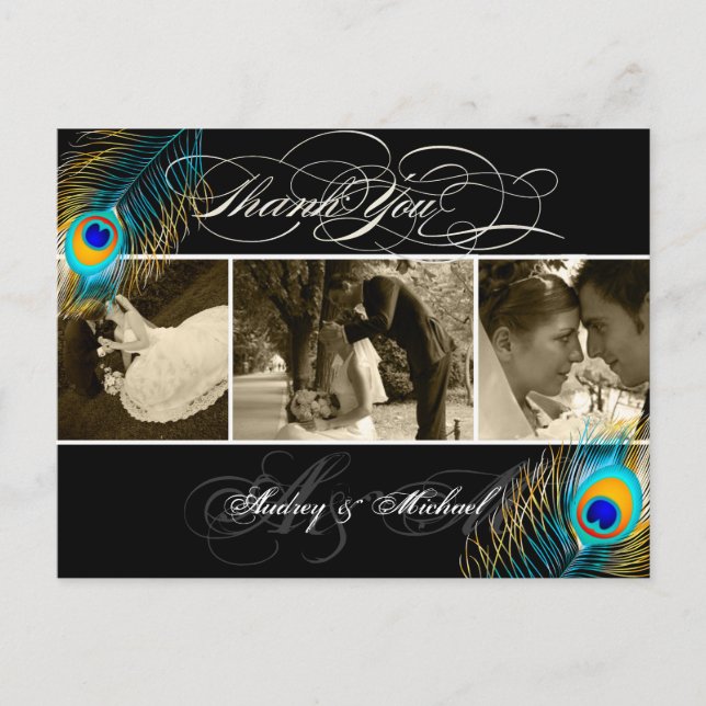 Carte Postale PixDezines Photos de mariage au paon Merci (Devant)