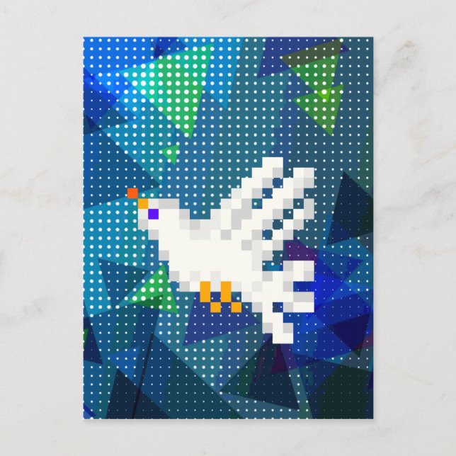Carte Postale Pixel 8 bits art blanc plongée oiseau volant (Devant)