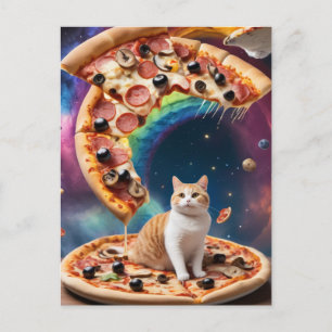 Carte Postale Pizza chat drôle dans l'espace Pizzas flottantes