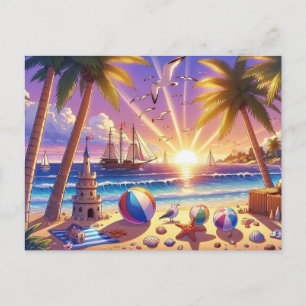 Carte Postale Plage au coucher du soleil tropical avec voilier