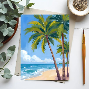 Carte Postale Plage aux palmiers   Ciel bleu aquarelle tropicale