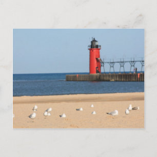 Carte Postale Plage avec mouettes et phare