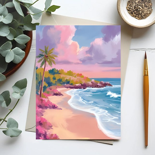 Carte Postale Plage Blush | Peinture d'océan rose (Créateur téléchargé)