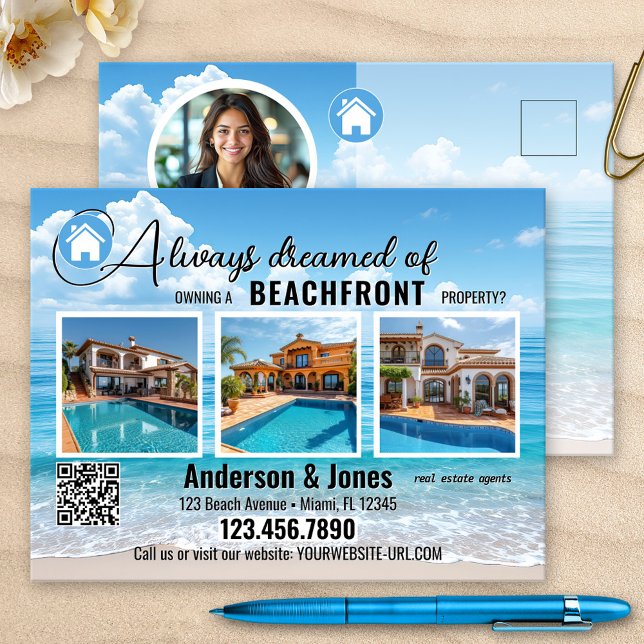 Carte Postale Plage côtière Photo Immobilier (Real Estate marketing postcard featuring a beach with 3 of your listings, photo, logo and QR code)