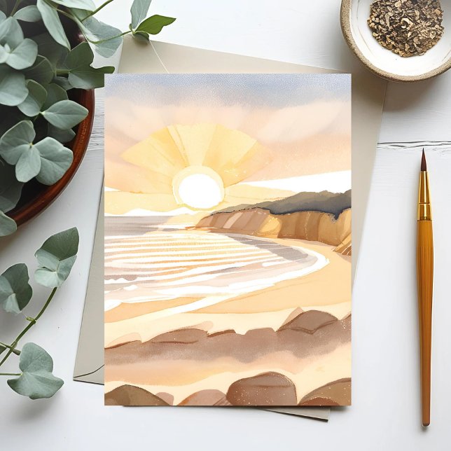 Carte Postale Plage de coucher de soleil | Aquarelle côtière océ (Créateur téléchargé)