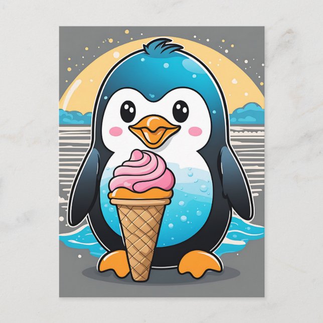 Carte Postale Plage de crème glacée Cute Kawaii Penguin (Devant)