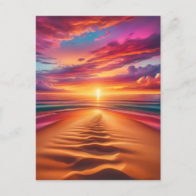 Carte Postale Plage de sable menant à un coucher de soleil animé (Devant)