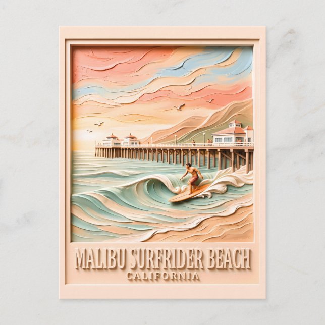 Carte Postale Plage de Surfrider à Malibu Surfant Texte 3D Vinta (Devant)