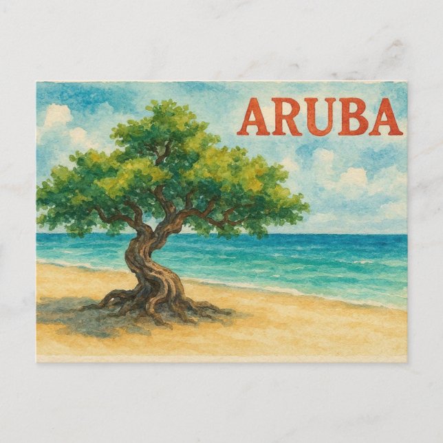 Carte Postale Plage d'Eagle Aruba Divi Tree aquarelle (Devant)
