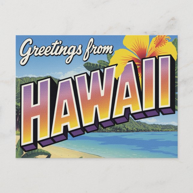 Carte Postale Plage d'Hawaii et Hibiscus (Devant)