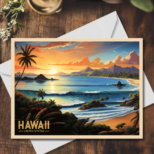 Carte Postale Plage d'Hawaii Paradis Tropical Peinture Vintage