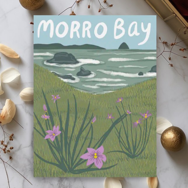 Carte Postale Plage d'illustration Morro Bay Central California  (Morro Bay wildflowers ocean travel postcard illustration custom.)