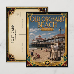 Carte Postale Plage d'Old Orchard Maine Art Déco Doré Vintage