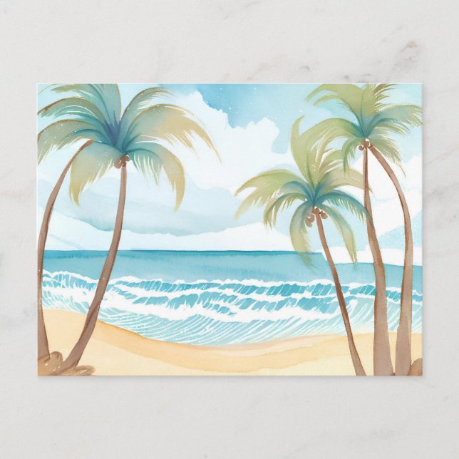 Carte Postale Plage Hawaïenne | Aquarelle Tropicale Arbre Palmie (Devant)