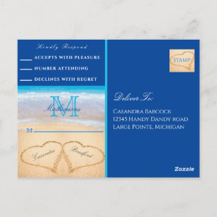 Carte Postale Plage Mariage 2 Coeurs Sand Bleu foncé RSVP