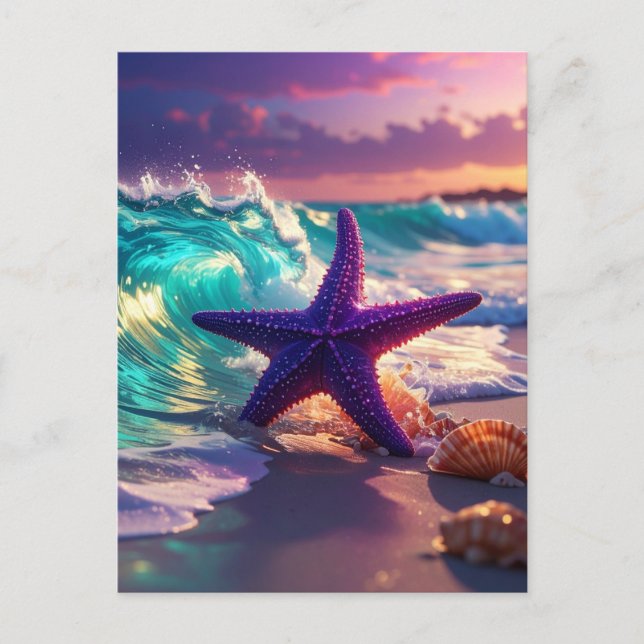 Carte Postale Plage océanique avec étoile de mer violette (Devant)