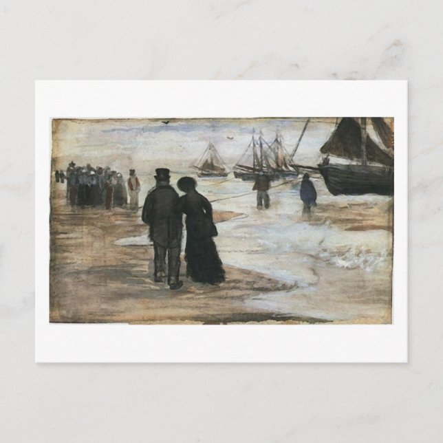Carte Postale Plage, Personnes Promenade & Bateaux Van Gogh Art (Devant)