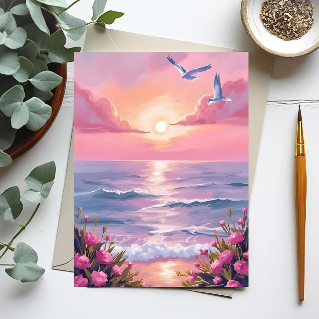 Carte Postale Plage rose | Aquarelle côtière de coucher de solei (Créateur téléchargé)
