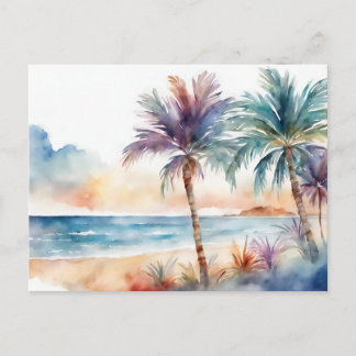 Carte Postale Plage tropicale à l'aquarelle, palmiers