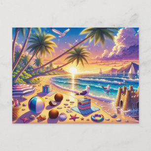 Carte Postale Plage tropicale au coucher du soleil peinture