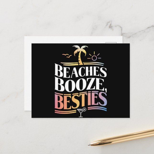 Carte Postale Plages Alcool & Meilleures Amies Arbre de Coco Été (Devant/Arrière en situation)